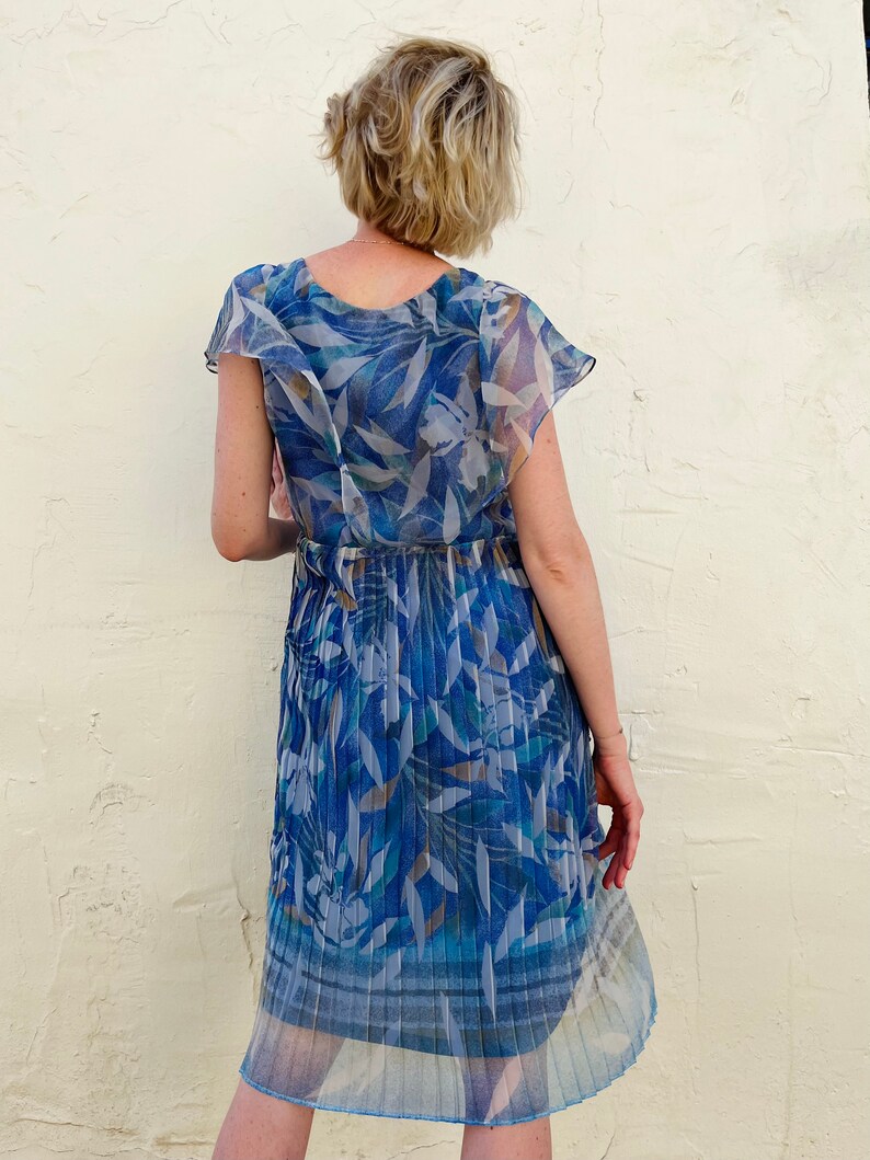 Blue Marine Abstract Leaf Print Dress /80s Handmade Vintage Dress/ Chiffon Blue Dress image 5