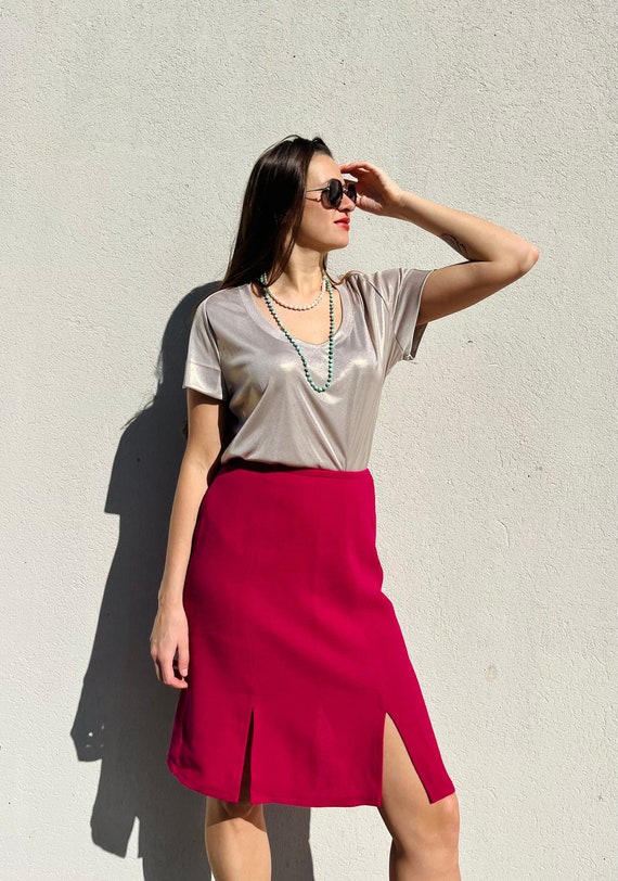 Jean Muir, Vintage Jean Muir Fuchsia Wool Midi Skirt with Slits
