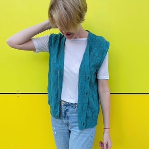 Turquoise Knitted Vest/ Unisex Vintage Vest/ Daniel Hechter Cardigan Vest image 2