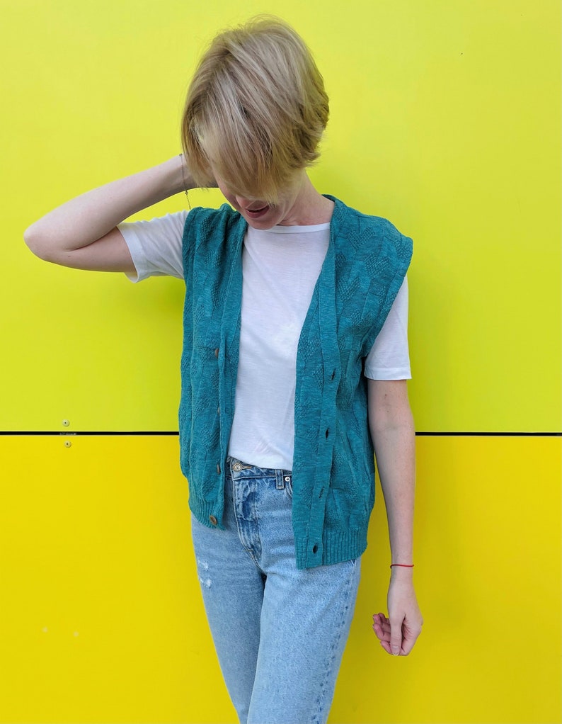 Turquoise Knitted Vest/ Unisex Vintage Vest/ Daniel Hechter Cardigan Vest image 2