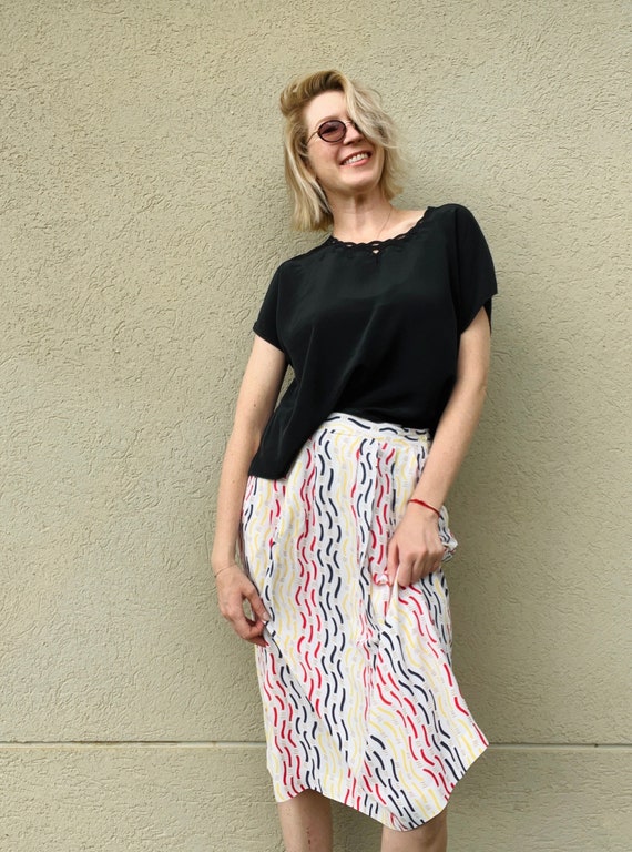 80s Abstract Midi Skirt/Vintage Summer Skirt/Blake