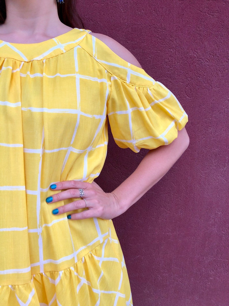 Yellow Check print Dress/ Dropped waist dress/ Vintage Boho yellow Summerdress image 8