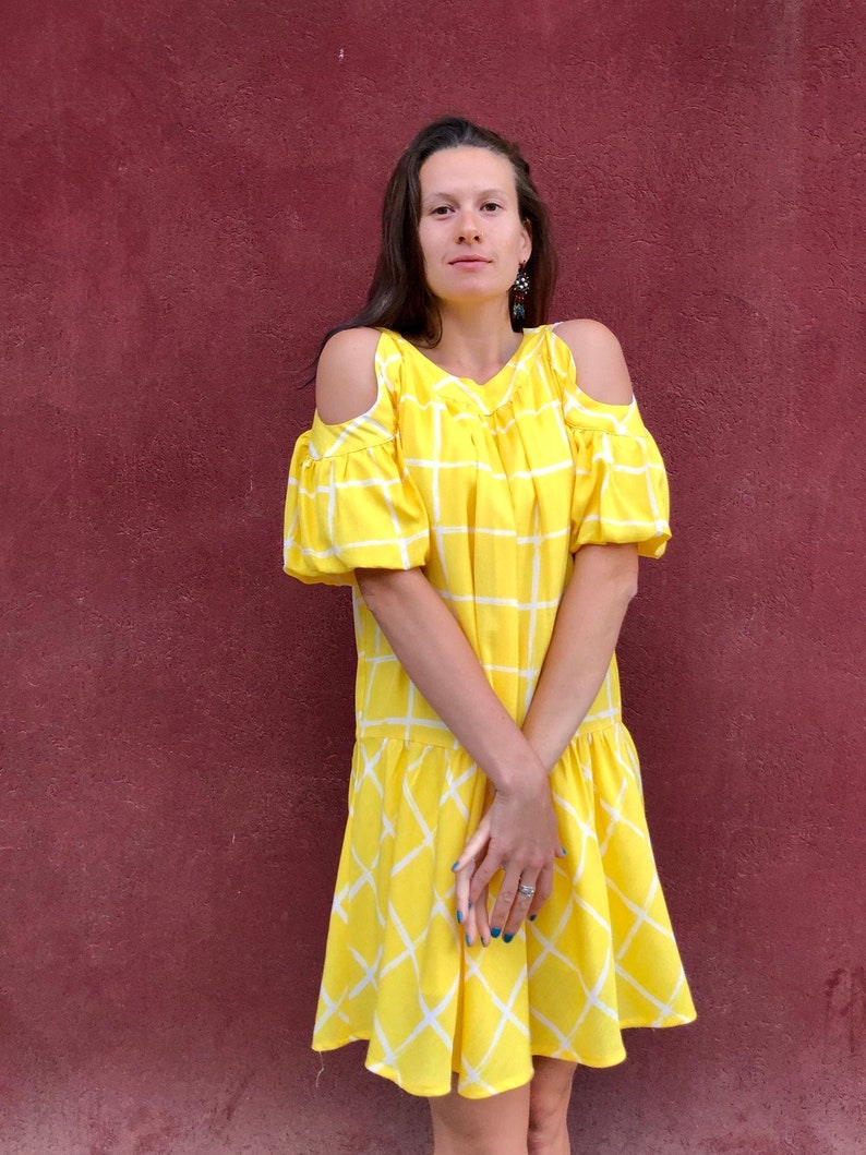 Yellow Check print Dress/ Dropped waist dress/ Vintage Boho yellow Summerdress image 1