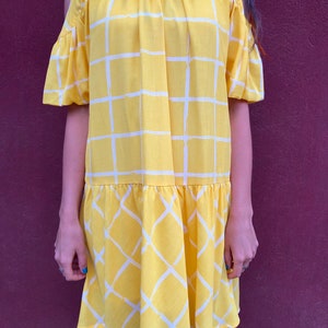 Yellow Check print Dress/ Dropped waist dress/ Vintage Boho yellow Summerdress image 5