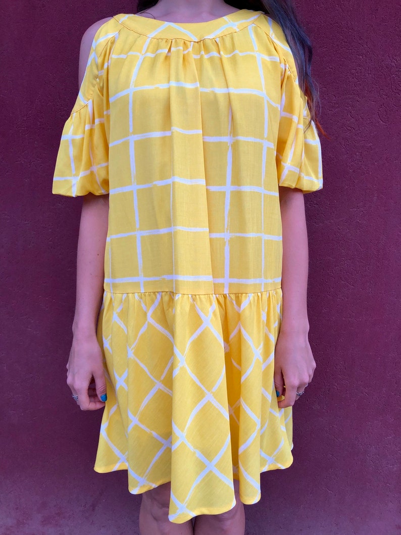 Yellow Check print Dress/ Dropped waist dress/ Vintage Boho yellow Summerdress image 5