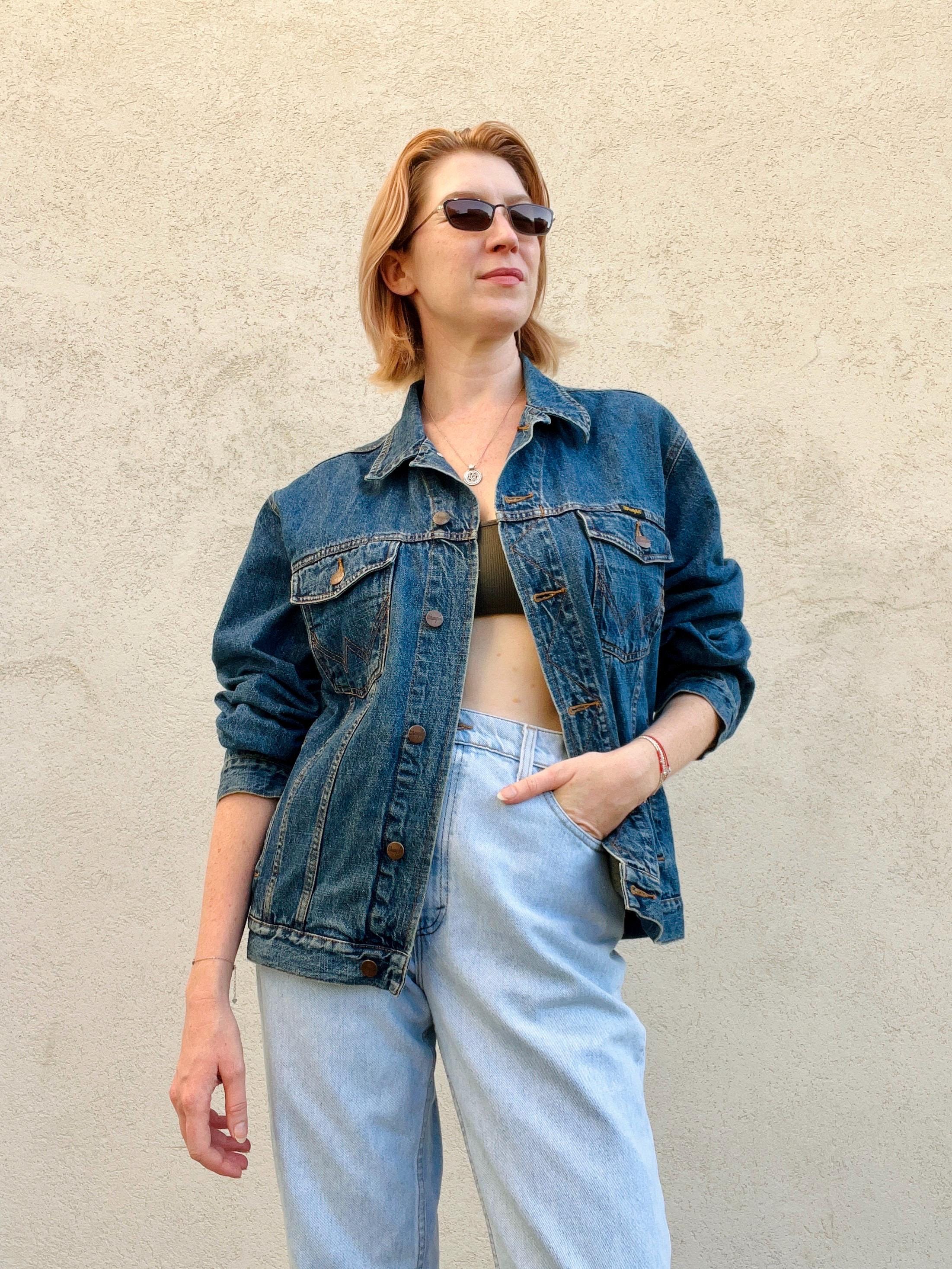 Vintage Wrangler Denim Jacket: Dark Blue Cotton Trucker, Unisex 