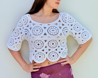 Vintage Crochet Crop Top: White Cotton Boho Wedding Top