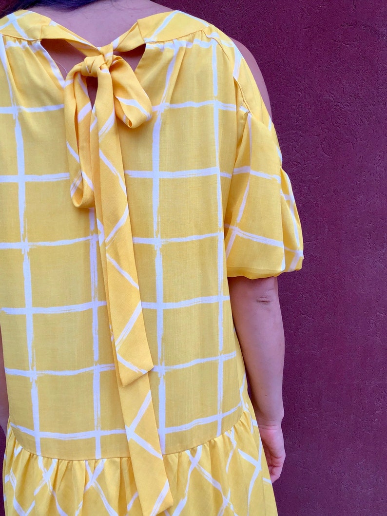 Yellow Check print Dress/ Dropped waist dress/ Vintage Boho yellow Summerdress image 7