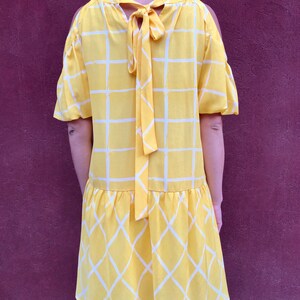 Yellow Check print Dress/ Dropped waist dress/ Vintage Boho yellow Summerdress image 6