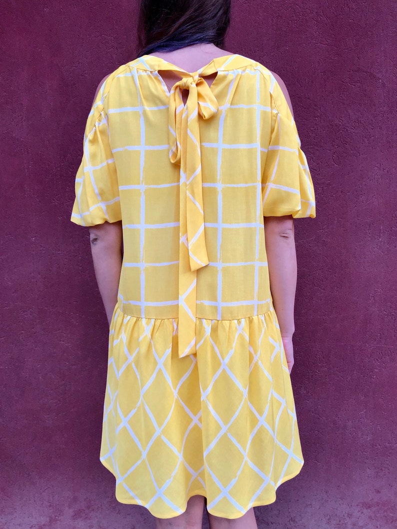 Yellow Check print Dress/ Dropped waist dress/ Vintage Boho yellow Summerdress image 6