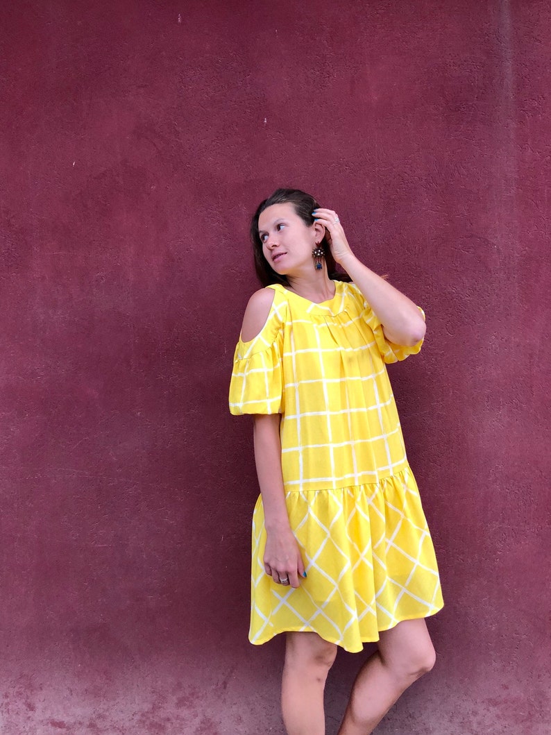 Yellow Check print Dress/ Dropped waist dress/ Vintage Boho yellow Summerdress image 4