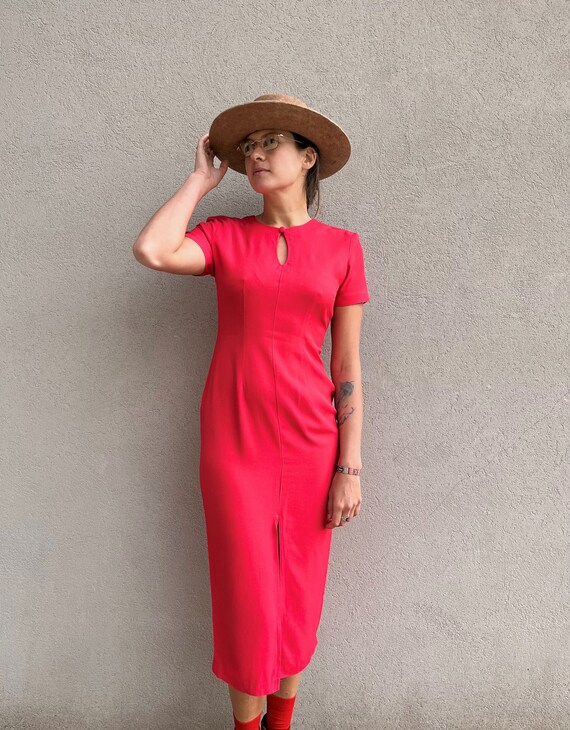 Vintage 90s Fuchsia Pink Midi Dress/Minimalist Pi… - image 2