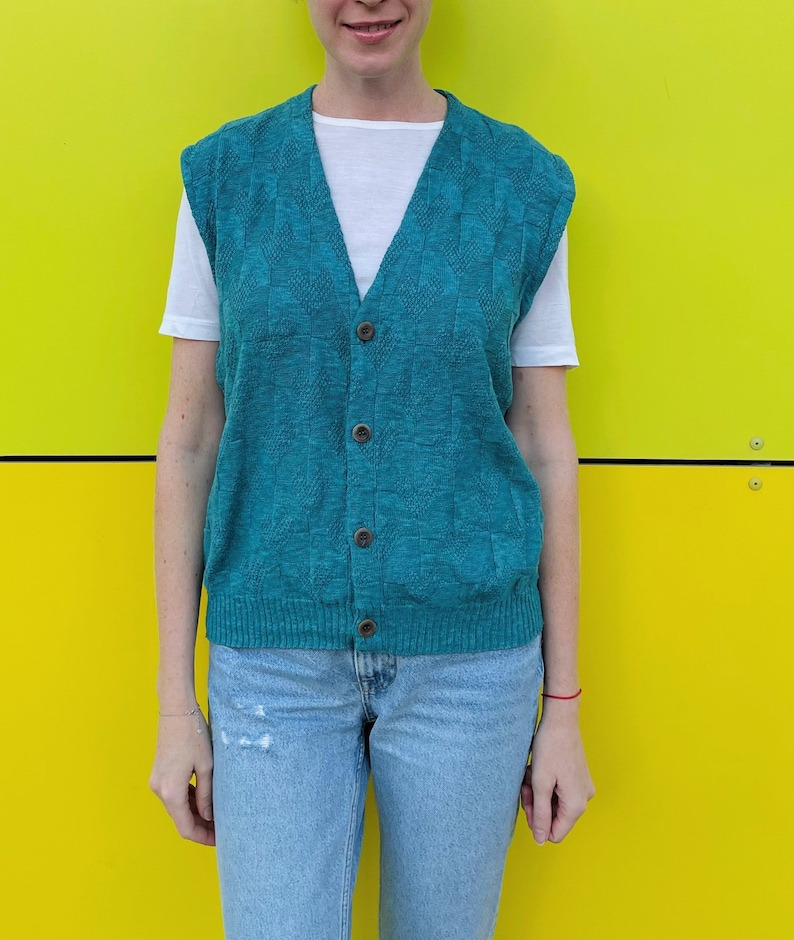 Turquoise Knitted Vest/ Unisex Vintage Vest/ Daniel Hechter Cardigan Vest image 3