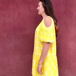 Yellow Check print Dress/ Dropped waist dress/ Vintage Boho yellow Summerdress image 3