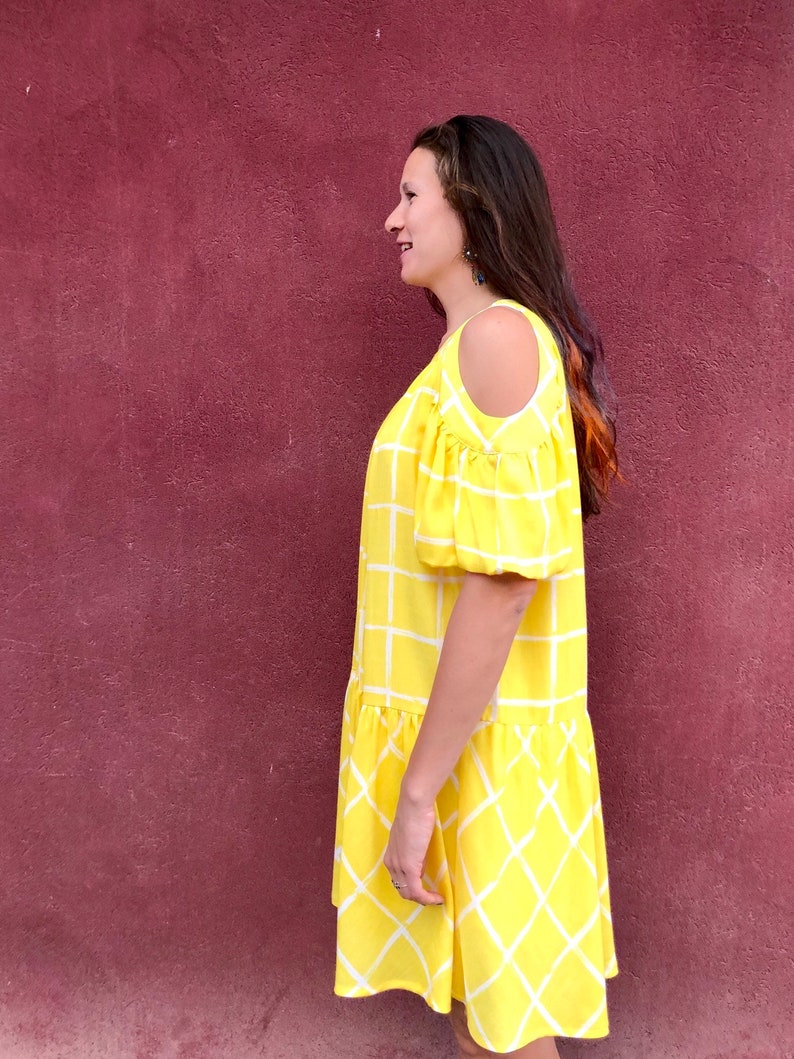 Yellow Check print Dress/ Dropped waist dress/ Vintage Boho yellow Summerdress image 3