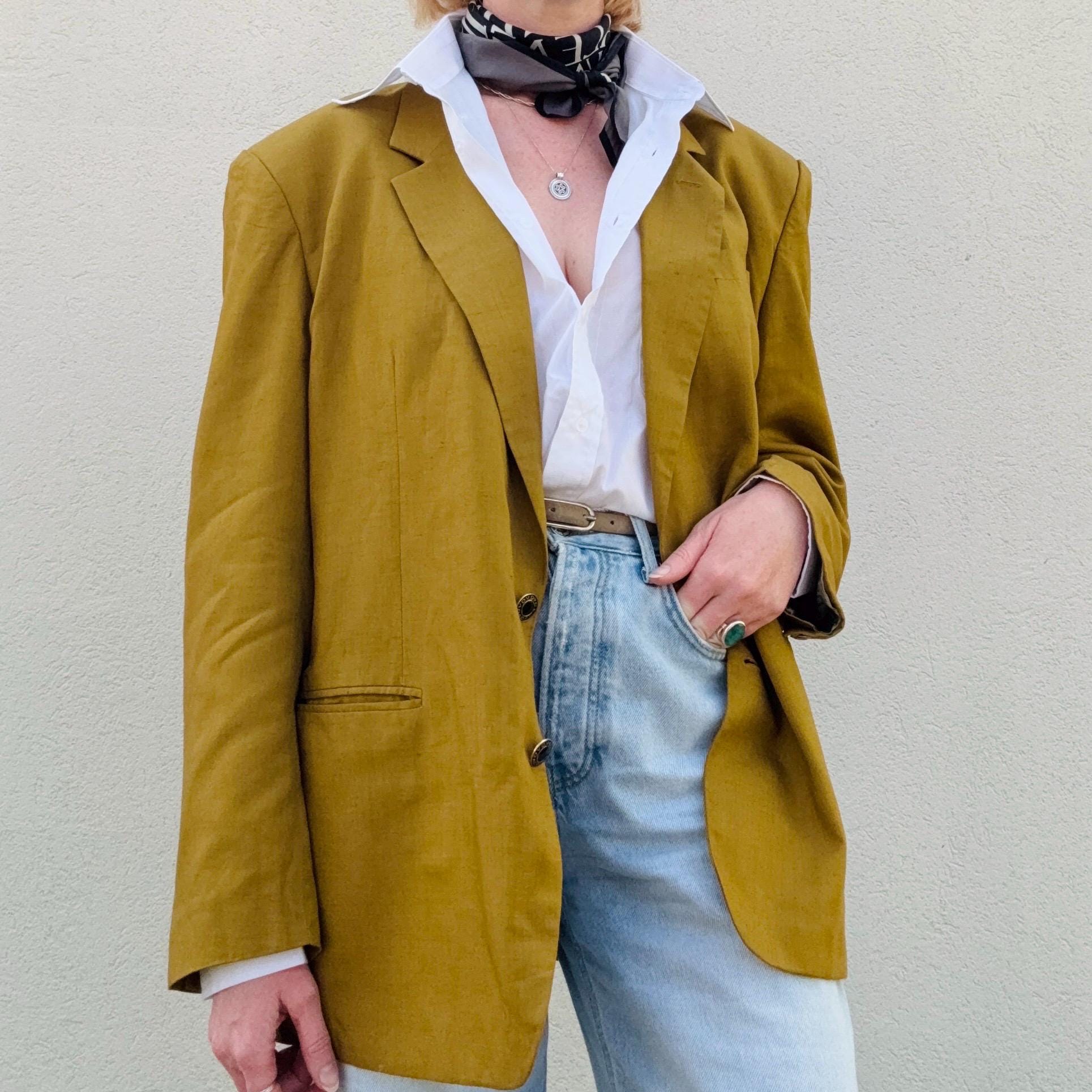 Vintage Italian Linen Blazer: Mustard Oversize Minimalist Style (L-XL)