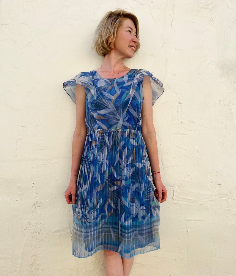 Blue Marine Abstract Leaf Print Dress /80s Handmade Vintage Dress/ Chiffon Blue Dress image 3