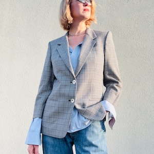 Quiet Luxury Vintage Houndstooth Checked Wool Blend Blazer/Vintage Daks London Houndstooth Wool Blend Blazer in Navy Blue