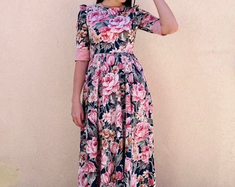 Vintage Floral Maxi Dress/Laura Ashley Style Floral Dress/ Cotton Maxi Dress