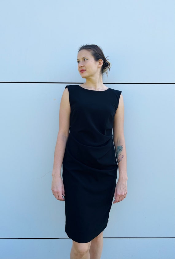 Vintage Max Mara Black Midi Dress: Draped Cocktail Dress, Size M