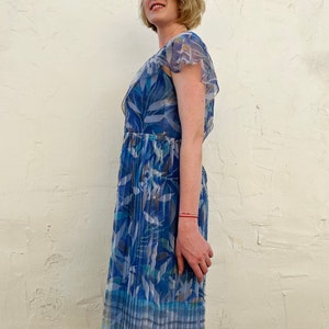 Blue Marine Abstract Leaf Print Dress /80s Handmade Vintage Dress/ Chiffon Blue Dress image 4