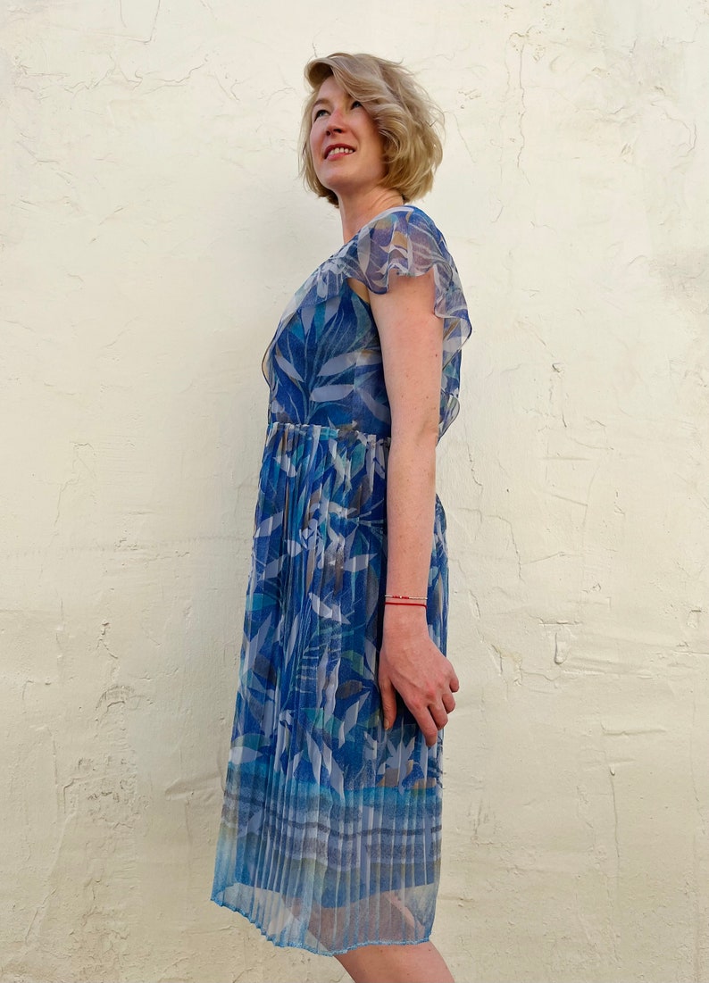 Blue Marine Abstract Leaf Print Dress /80s Handmade Vintage Dress/ Chiffon Blue Dress image 4