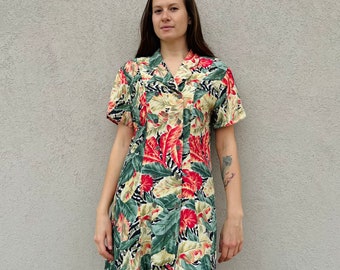 Tropical Midi Shirt Dress/ Vintage Safari Dress/ Viscose Multicolor Shirt Dress