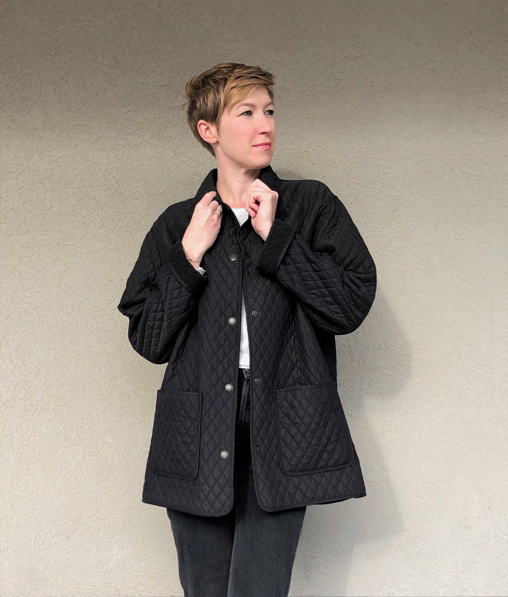ジャケット・アウター UNUSED REVERSIBLE OVER COAT Vintage Quilted Black Jacket: Reversible Unisex Coat, Size L - Etsy