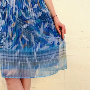 Blue Marine Abstract Leaf Print Dress /80s Handmade Vintage Dress/ Chiffon Blue Dress image 9