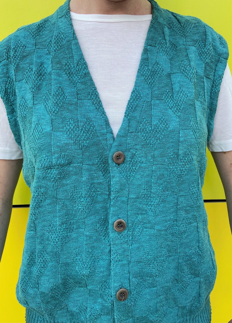 Turquoise Knitted Vest/ Unisex Vintage Vest/ Daniel Hechter Cardigan Vest image 6