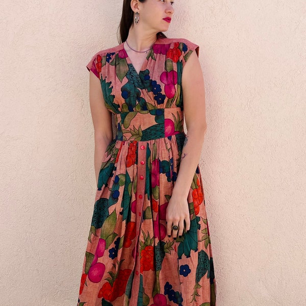 French Vintage Rene Derhy Paris Cotton Dress / Vintage Boho Summer Dress/ French Vintage Fruit Print Sundress