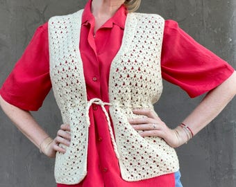 Vintage Hand-Knitted Crochet Vest: Cream Wool Blend Waistcoat