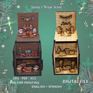 May include: Two tiered wooden Santa's House Scene displays featuring laser-cut figures. The left display is brown with coloured characters, while the right is light wood with natural tones. Text includes Santa's House Scene, SVG - PDF - XCS, PNG FOR PRINTING, DIGITAL FILE, ENGLISH + SPANISH.