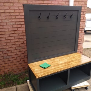 Shiplap, Farmhouse Style Halltree Mudroom Bench w/iron hooks / in various sizes, Choice of color combo.