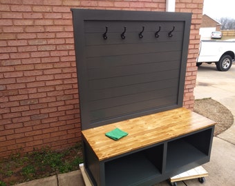 Shiplap, Farmhouse Style Halltree Mudroom Bench w/iron hooks / in various sizes, Choice of color combo.