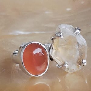 Ring van 925 sterling zilver, gefacetteerd carneool, ruw bergkristal, maat 52, open