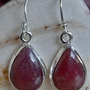 May include: A pair of silver dangle earrings with teardrop-shaped red gemstone accents.