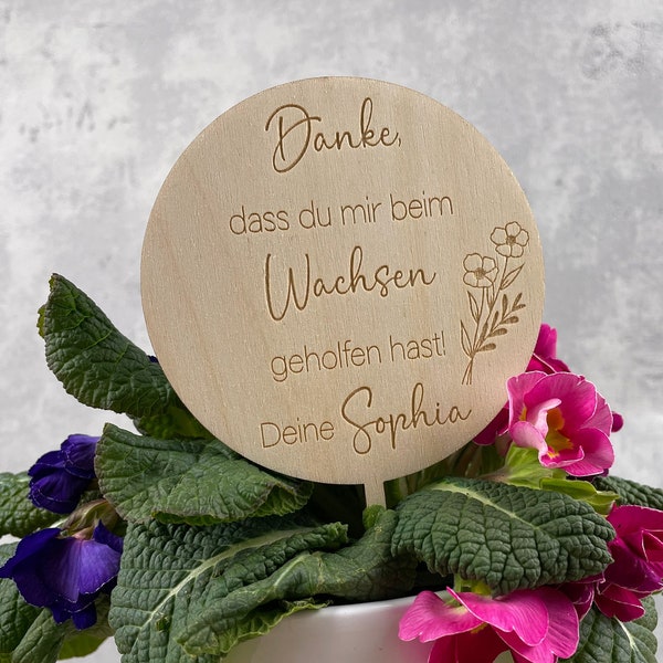 Blumenstecker "Danke, dass du mir beim Wachsen geholfen hast!", Schild aus Holz personalisiert, Abschiedsgeschenk