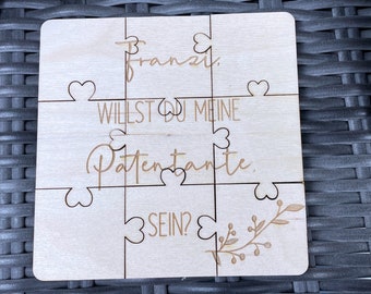 personalisiertes Puzzle aus Holz "Willst du meine Patentante sein?", individuelles Holzpuzzle mit Wunschname