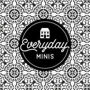 May include: Black and white patterned tile design with a circle in the center. The circle has a black background and white text that reads "Everyday Minis" with a small house icon above the text.