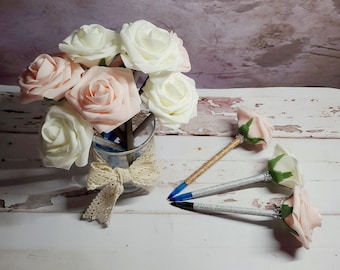Two Rose Pens | Wedding Bridal Shower Party Favors| School Stationery Office Planner Supplies | Rhinestones| Teachers