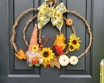 21.5"x19" FALL Grapevine WREATH |Sunflower Gnome Pumpkin Front Door Wall Hanging Home Decor |Autumn Harvest Door Hanger