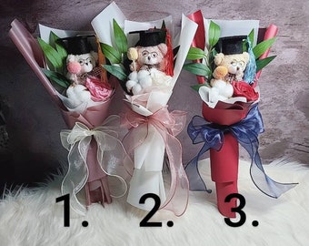 Ramo de regalo de graduación / Rosa preservada con oso / Etiqueta con mensaje de regalo gratis / Tarjeta / Mini oso de peluche, flores de algodón, Billy Ball