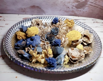 BULK SOLA Flowers 35pcs Dyed| Mustard, Lemon drop yellow, Denim blue, Navy, Natural | DIY Wood Flowers Crafts Forever Flowers | No Stems