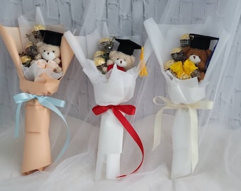 GRADUATION GIFT BOUQUET |Rose, Ferrero Rocher Chocolates W/ Mini Bear Plush | Free Gift Message Tag