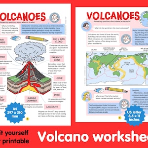 VOLCANO WORKSHEETS - printable educational resource, digital download, school project.