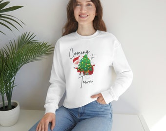 Santa Sweatshirt | Shirt | Santa Clause | Santa | Christmas | Holiday | White | Christmas Tree | Presents | Coming to town | womens clothing