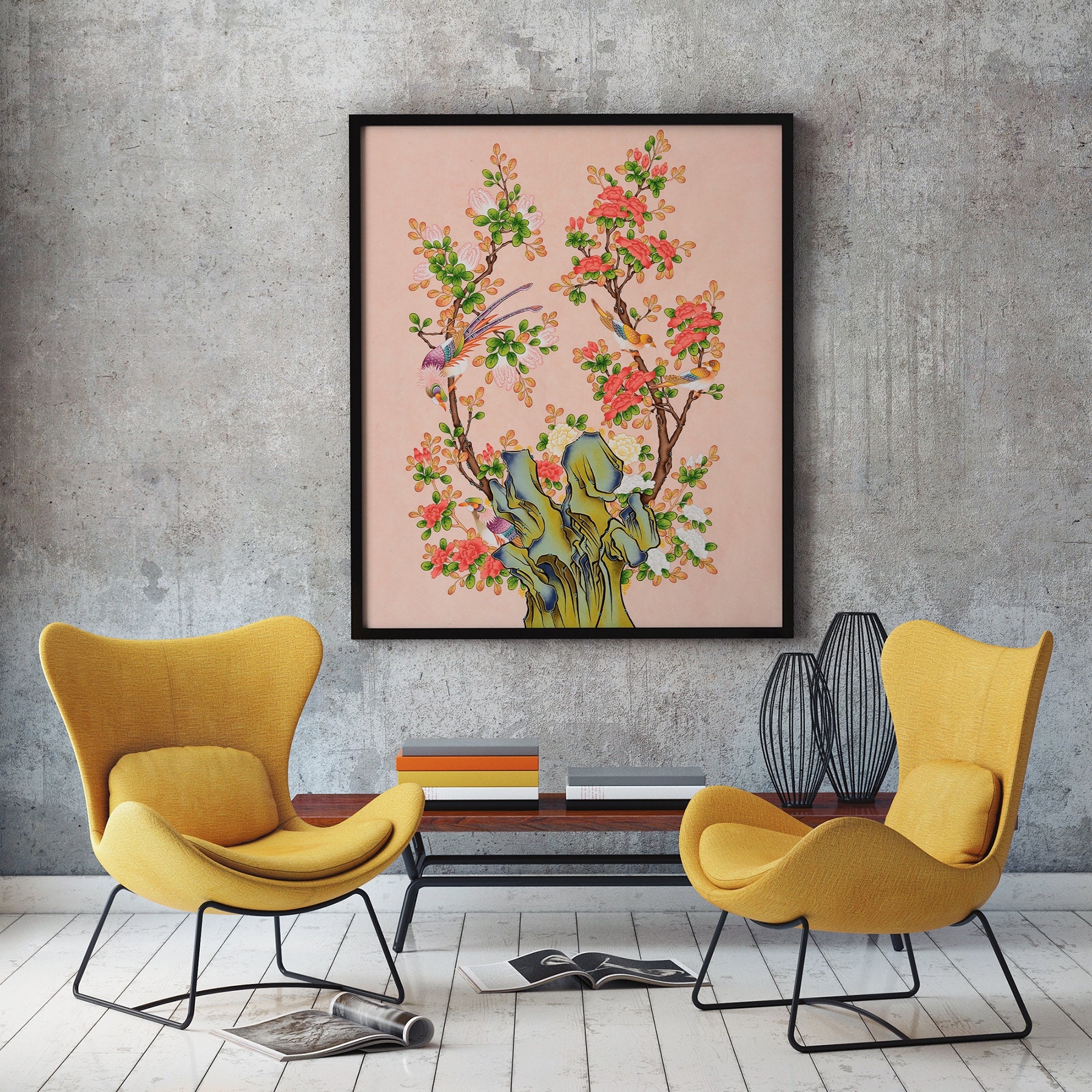 Korea Volksmalerei/Orientalische Malerei/Poster/Wanddekor für Zuhause/schöne Energie/Segen/Glück/Blume/Rosa chinensis/Vogel/Digital Download