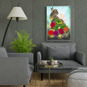 Black Tiger/Korea folk painting/Oriental painting/poster/home wall decor/nice energy/blessing/flower/peony/Digital Download