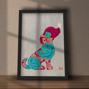 Peony Puppy/Korea folk painting/Oriental painting/poster/home wall decor/nice energy/blessing/flower/peony/Digital Download